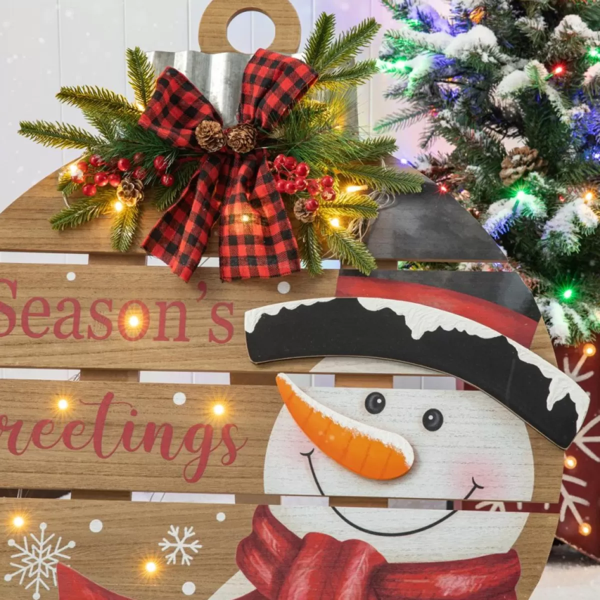 Glitzhome Outdoor Decor | 30.25" H Lighted Round Wooden Snowman Porch Decor