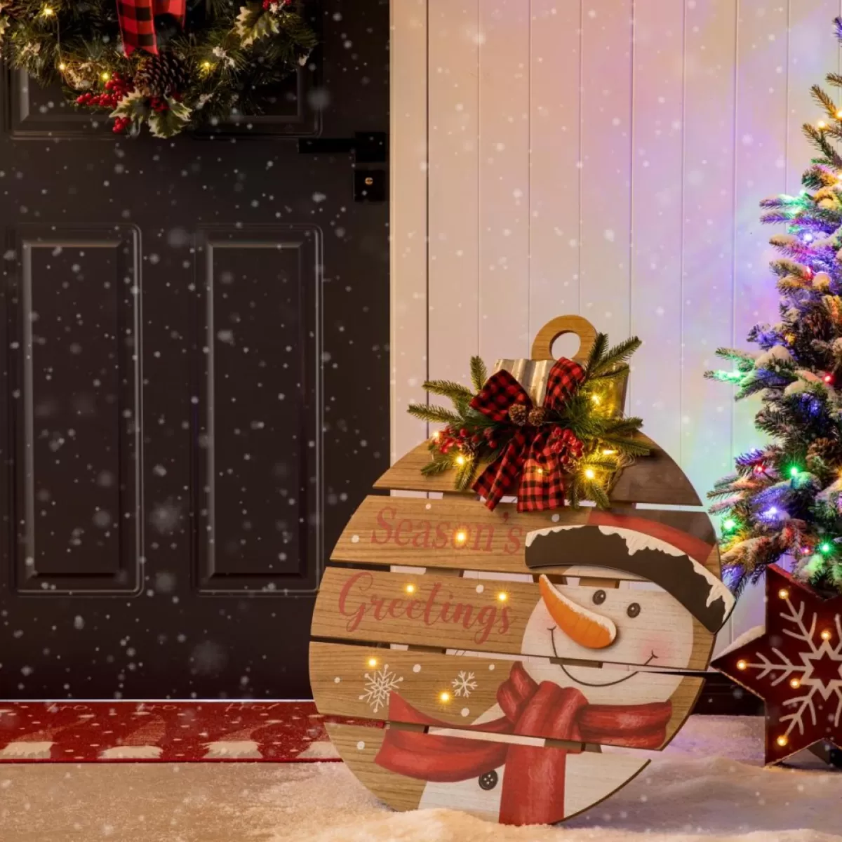 Glitzhome Outdoor Decor | 30.25" H Lighted Round Wooden Snowman Porch Decor