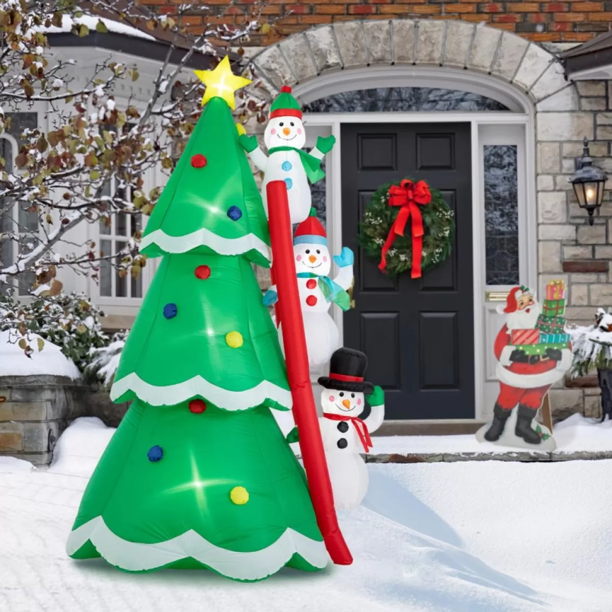 Glitzhome Outdoor Decor | 8' Lighted Inflatable Xmas Snowman Climbing Up Tree Decor