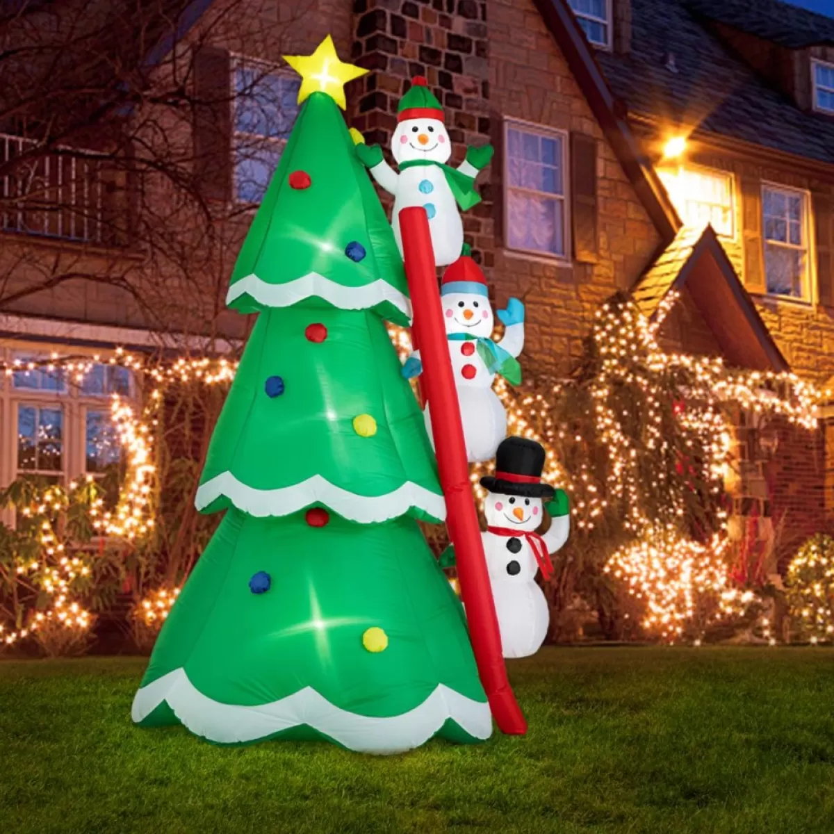 Glitzhome Outdoor Decor | 8' Lighted Inflatable Xmas Snowman Climbing Up Tree Decor