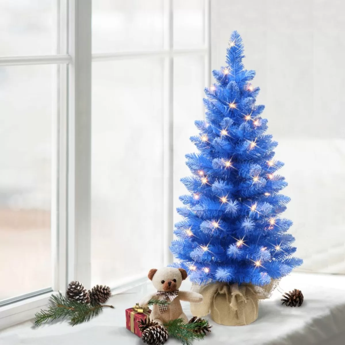 Puelo International Christmas Trees | Puleo International 3' Pre-Lit Fashion Blue Tree In Burlap