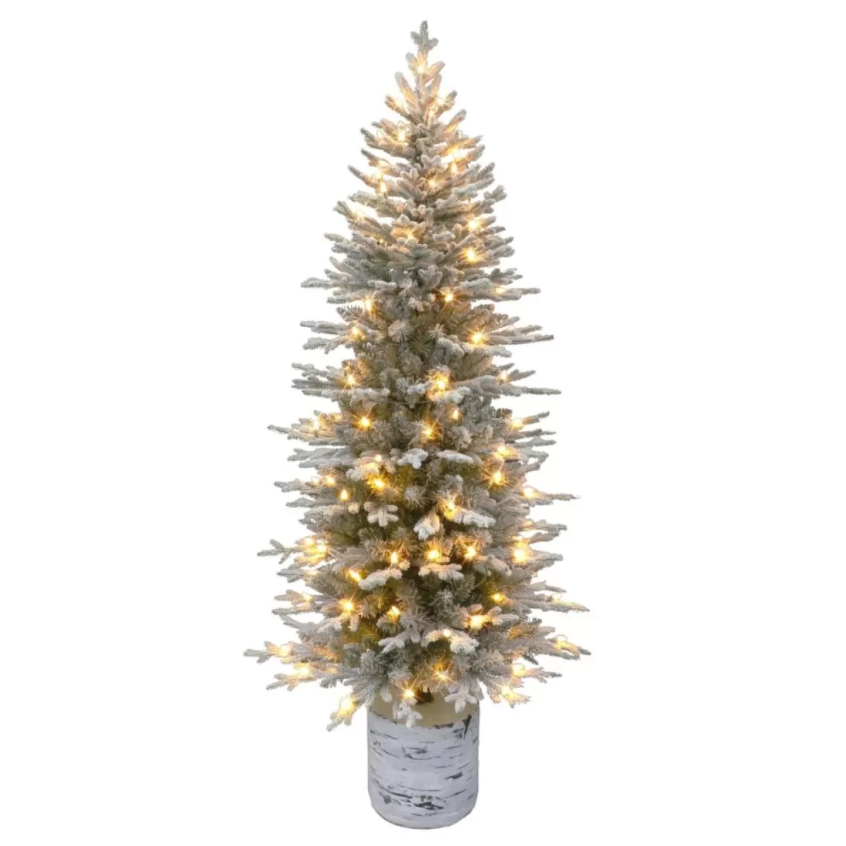 Puelo International Christmas Trees | Puleo International 6' Pre-Lit Potted Flocked Arctic Fir Pencil Tree