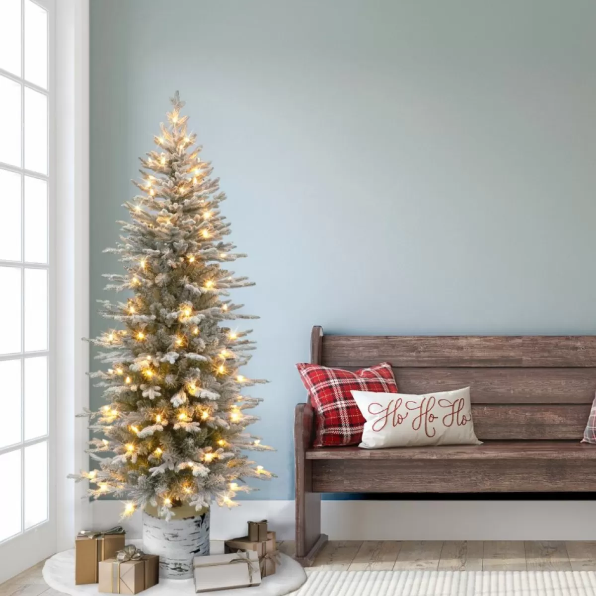 Puelo International Christmas Trees | Puleo International 6' Pre-Lit Potted Flocked Arctic Fir Pencil Tree