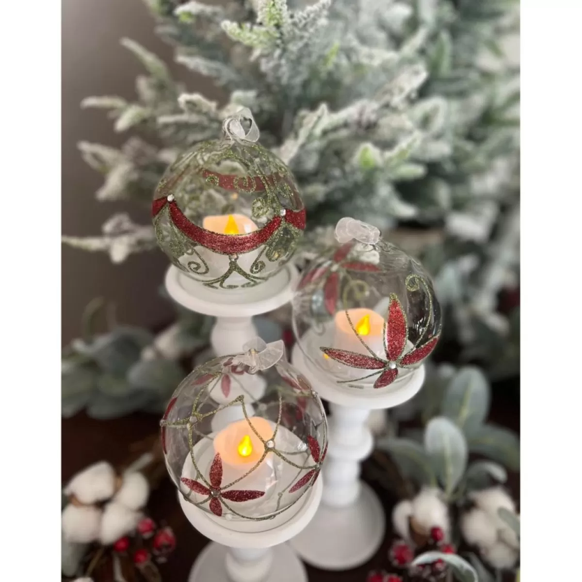 Winter Lane Ornaments & Tree Toppers | Set Of 3 Glass Ornaments With Flameless Votive